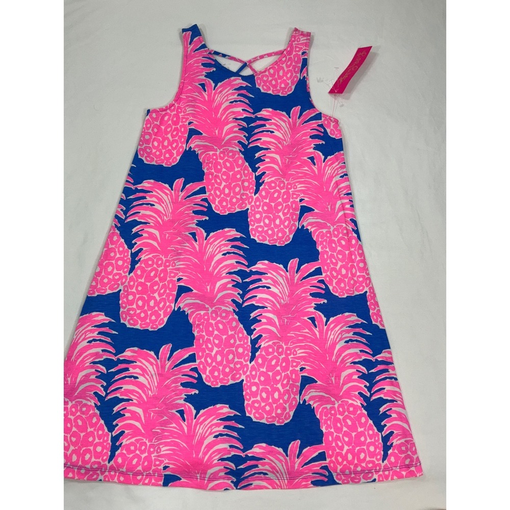 Lilly Pulitzer Pink Pineapple Blue Sleeveless Crisscross Back A-Line Mini Dress